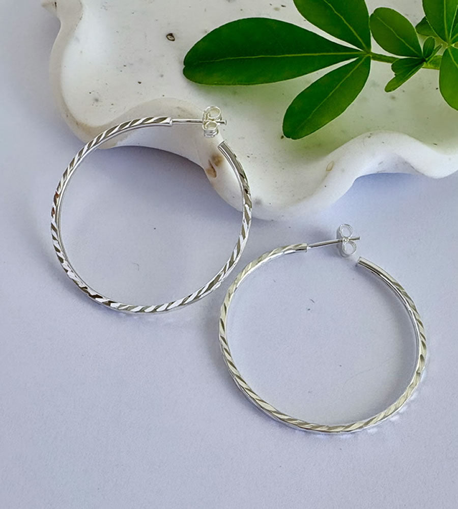 Sterling Silver Large Diamond Cut Hoops