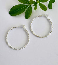 Load image into Gallery viewer, Large sterling silver diamond cut hoops with a butterfly back