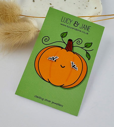 sterling silver black bat studs on a Halloween card