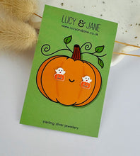 Load image into Gallery viewer, sterling silver halloween earrings for children featuring a pumpkin with a ghost