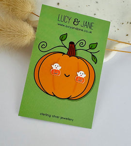 sterling silver halloween earrings for children featuring a pumpkin with a ghost