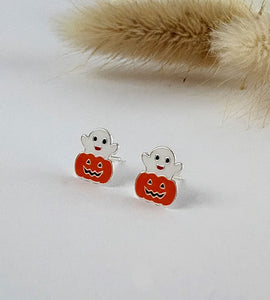 Kids Halloween earrings featuring an orange pumpkin and white ghost.