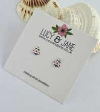 Load image into Gallery viewer, nautical inspired red and blue sterling silver anchor studs on a lucy and jane earring card