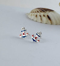 Load image into Gallery viewer, Sterling silver Anchor-shaped earrings with red and blue details