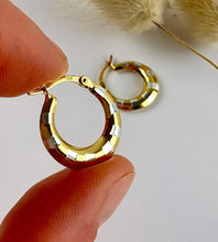 Load image into Gallery viewer, close up of sterling silver and gold two tone hoop