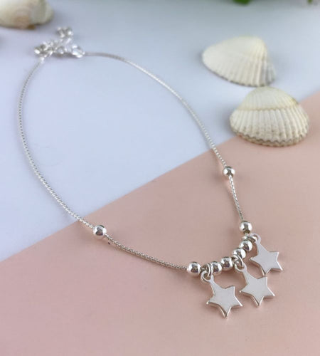 sterling silver stars anklet - with three stars and tiny sterling silver beads