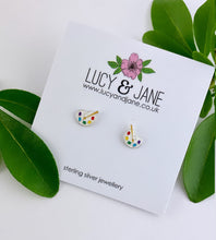 Load image into Gallery viewer, small sterling silver stud earrings in the shape of an artists pallette with a tiny paintbrush