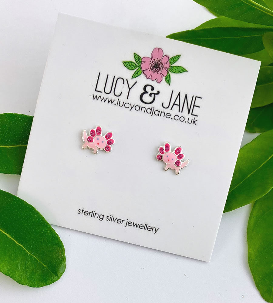 sterling silver axolotl studs for children in pink
