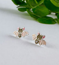 Load image into Gallery viewer, cute brown and cream sterling silver bat stud earrings that would be great for children.