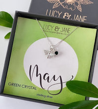Load image into Gallery viewer, sterling silver bee birthstone necklace for the month of may.  necklace in a gift box branded Lucy and Jane