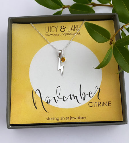 sterling silver lightning bolt birthstone necklace for November