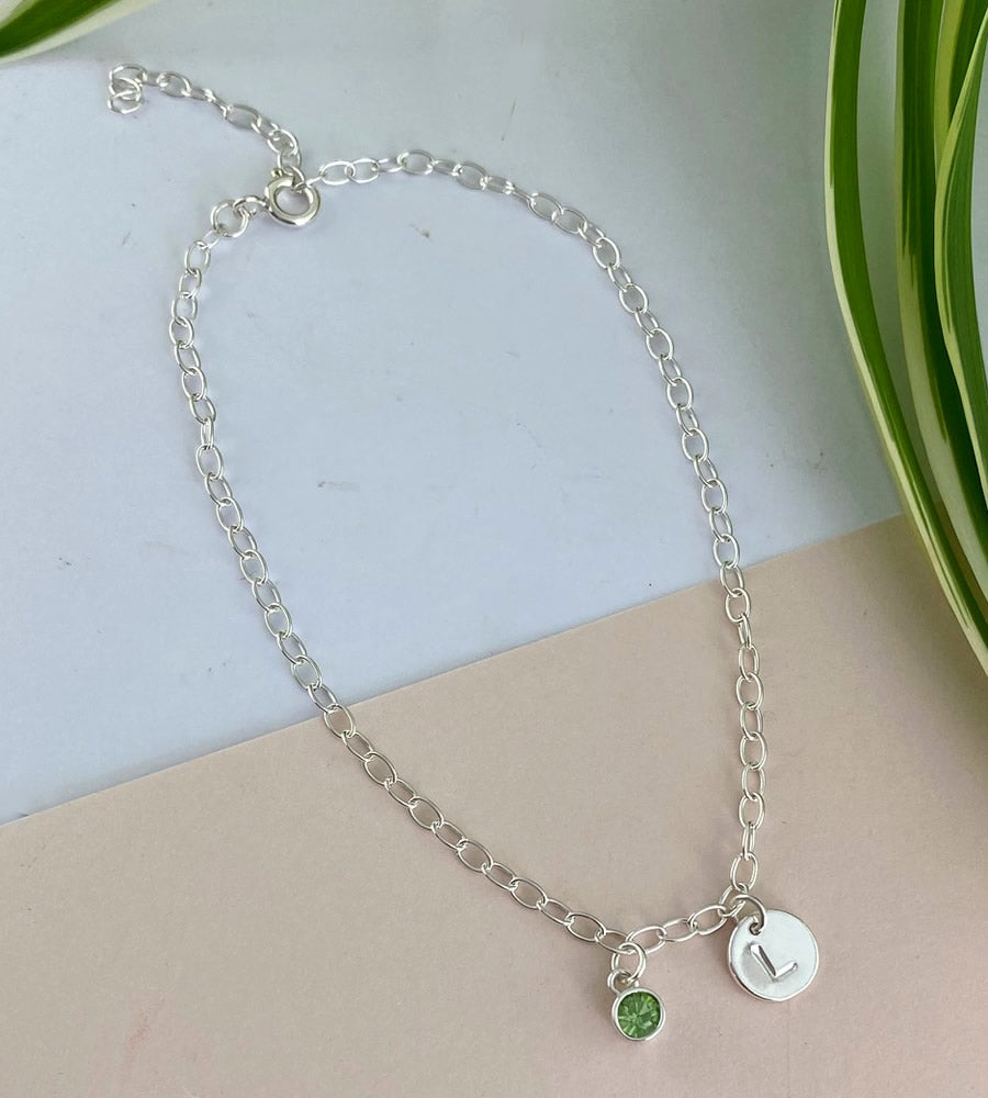 Sterling Silver Personalised Letter Birthstone Anklet