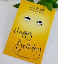 Load image into Gallery viewer, sterling silver black and white cat earrings on a Happy Birthday card