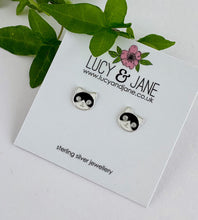 Load image into Gallery viewer, sterling silver black and white cat earrings on a Lucy and Jane earring card