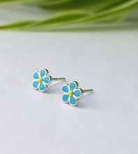 Load image into Gallery viewer, sterling silver and blue enamel flower studs