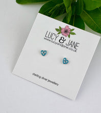 Load image into Gallery viewer, sterling silver small blue heart studs on a Lucy and Jane earring card