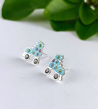 Load image into Gallery viewer, sterling silver roller skate studs in blue with a some colourful crystals to make them sparkle