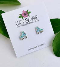 Load image into Gallery viewer, Sterling silver blue sparkly roller skate studs for kids