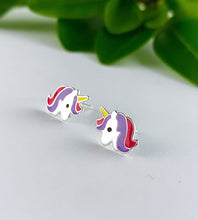 Load image into Gallery viewer, sterling silver unicorn earrings for kids - fun and colourful studs for sensitive ears.