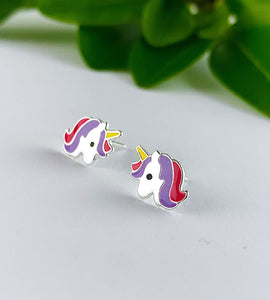 sterling silver unicorn earrings for kids - fun and colourful studs for sensitive ears.
