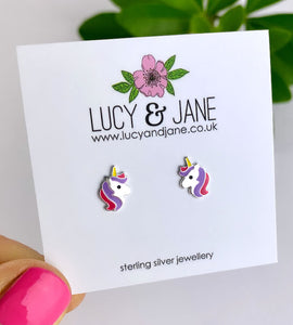 sterling silver small unicorn studs with pink and purple hair