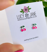 Load image into Gallery viewer, Sterling Silver Bright Pink Cherry Studs