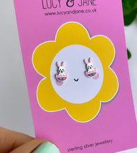 Load image into Gallery viewer, sterling silver easter bunny studs.  Little silver bunnies sitting in an easter egg