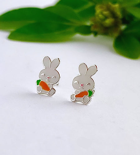sterling silver easter bunny earrings - white rabbits holding a little orange carrot