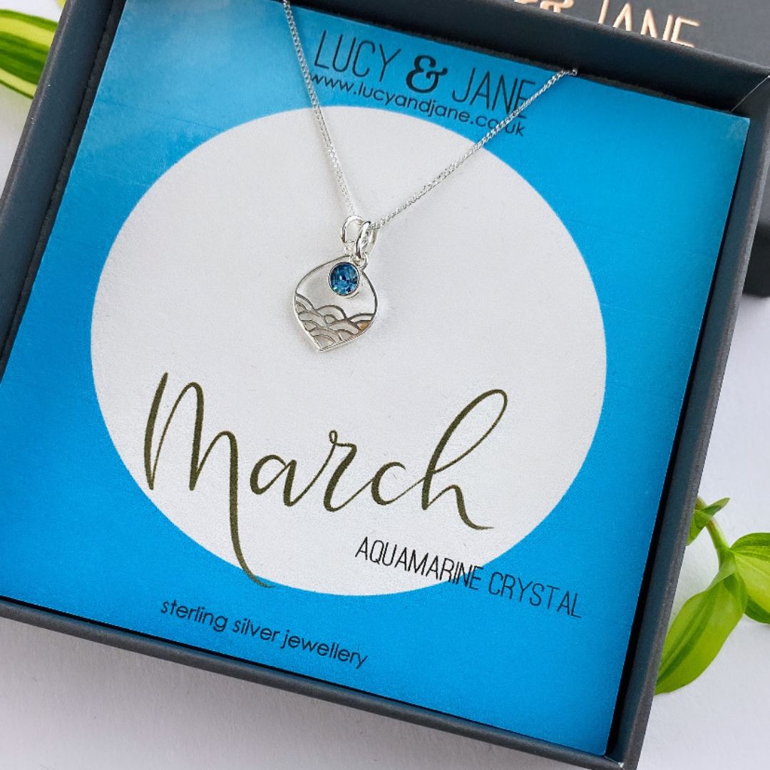 sterling silver calm seas birthstone necklace for march with an aquamarine crystal
