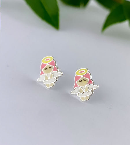 sterling silver angel ear studs.  Tiny earrings of little angels in white, pink and with a yellow halo.