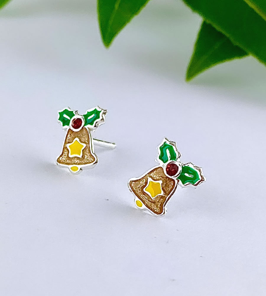 mini sterling silver christmas bell earrings - small studs in gold, with little yellow stars and green holly.