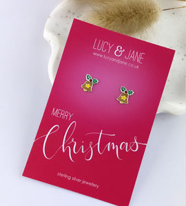 sterling silver christmas bells stud earrings on a Merry Christmas backing card.  Colourful stud earrings for kids or adults.