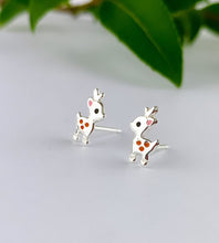 Load image into Gallery viewer, super cute sterling silver reindeer studs.  Siver with little pink ears and tiny brown spots on the body.