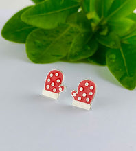Load image into Gallery viewer, fun sterling silver winter red gloves earrings with white polka dots