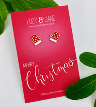 Load image into Gallery viewer, sterling silver red mitten earrings on a Merry Christmas backing card