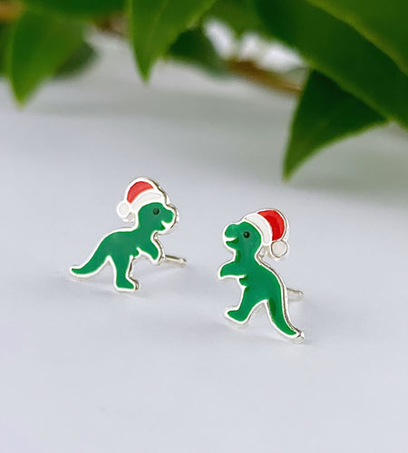 sterling silver christmas dinosaur t rex ear studs