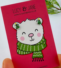 Load image into Gallery viewer, sterling silver colourful christmas tree stud earrings for children.  Displayed on a Lucy and Jane festive earring card