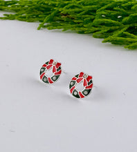 Load image into Gallery viewer, sterling silver Christmas wreath earrings in red and green, with some added clear crystals for a little sparkle
