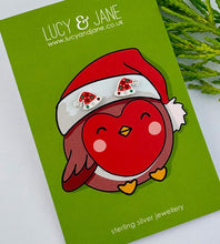 Load image into Gallery viewer, Pair of sterling silver santa hat studs featuring colourful little crystals and displayed on a cute festive earring card