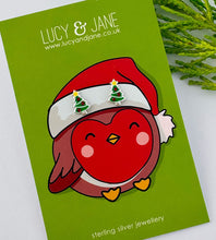 Load image into Gallery viewer, sterling silver Christmas tree earrings for children, on your choice of earring card - photo shows them on a cute Robin design festive earring card.
