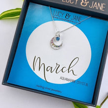 Load image into Gallery viewer, sterling silver rainbow crescent moon birthstone necklace for march with an aquamarine crystal