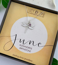 Load image into Gallery viewer, sterling silver dragonfly birthstone necklace for the month of June