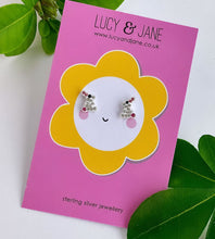Load image into Gallery viewer, sparkly sterling silver rabbit earrings on a fun daisy deesign backing card to make a great gift