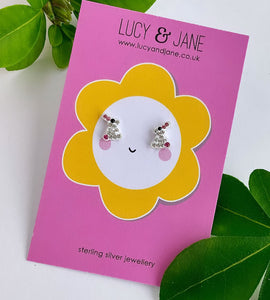 sparkly sterling silver rabbit earrings on a fun daisy deesign backing card to make a great gift