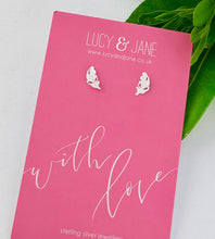 Load image into Gallery viewer, sterling silver feather studs on a pink Lucy and Jane 'with love'