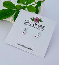 Load image into Gallery viewer, Sterling silver small flower climber stud earrings with little colourful crystals at the centre of each flower.  On a Lucy and Jane backing card