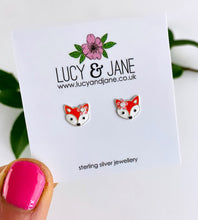 Load image into Gallery viewer, sterling silver fox studs for children in orange with a cute pink flower