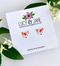 Load image into Gallery viewer, Sterling silver fox studs with a pretty pink flower