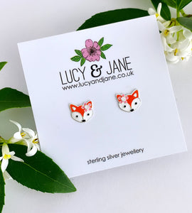 Sterling silver fox studs with a pretty pink flower