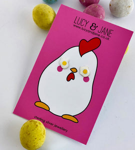 sterling silver fried egg studs on an Easter backing card